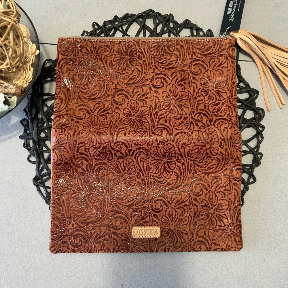 Consuela Sally Fold Over Leather Tooled Clutch
